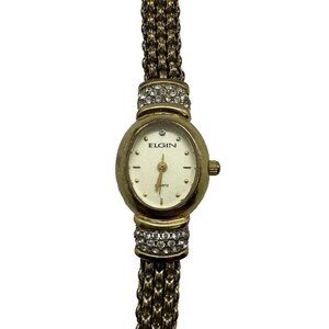 Elgin Quartz ELC004ST Oval Women's Watch Gold Tone Crystal Accent Bracelet 18mm